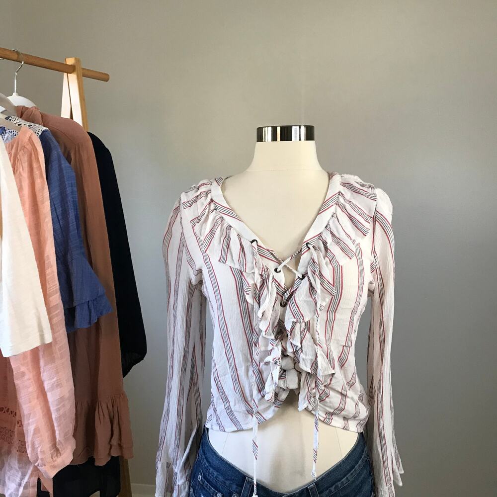 American Eagle • Lace Up Long Sleeve Striped Top